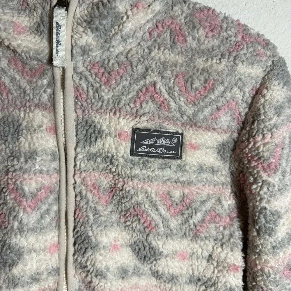 Eddie‎ Bauer Jacket Girls M(10-12) Gray Aztec Sherpa Fleece Hooded Logo Full Zip